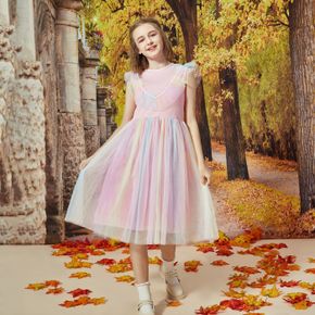 Beautiful Kid Girl Princess Fly Sleeve Party Rainbow Dress